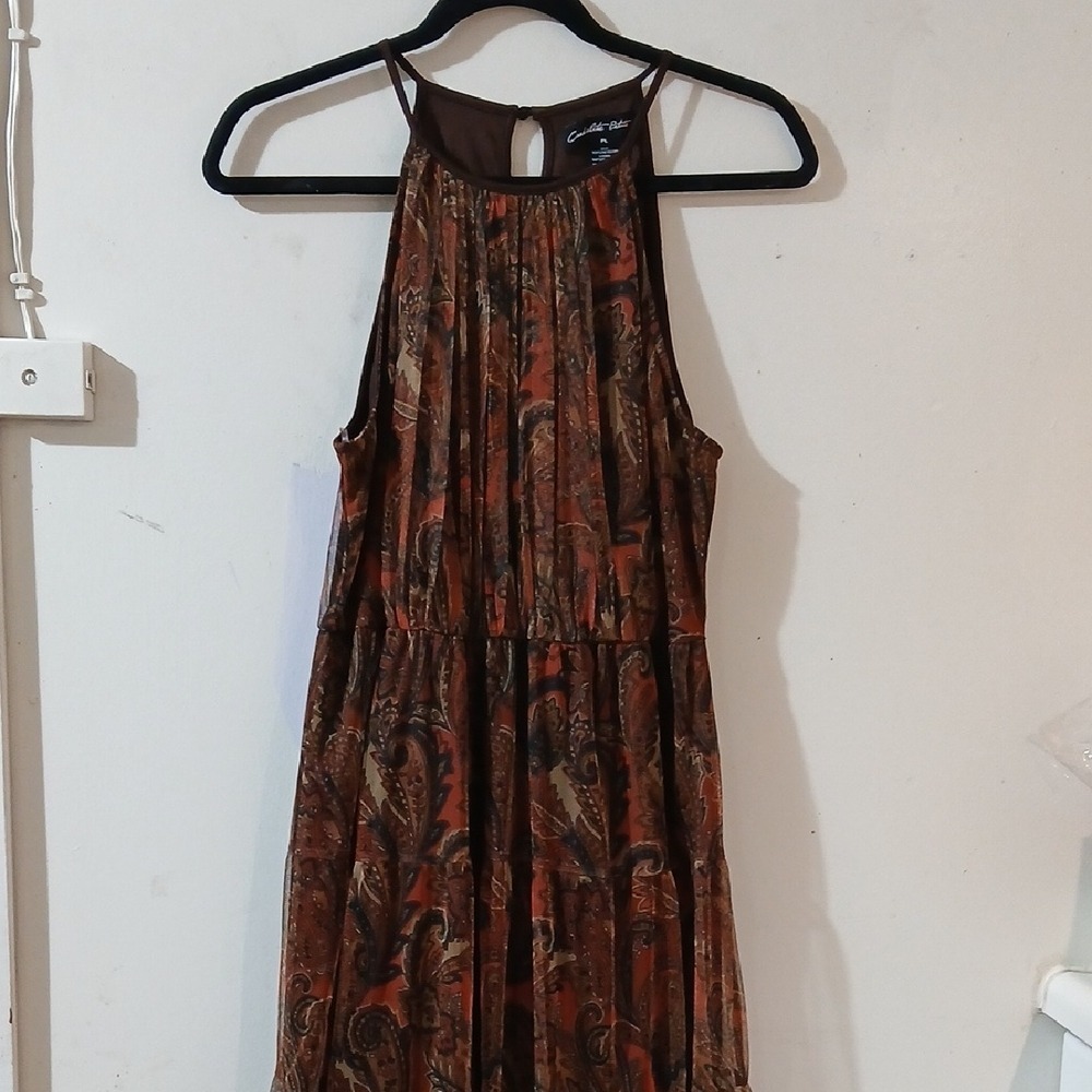 Canalete Petite Brown Paisley Halter Tiered Mesh Maxi Dress PL
